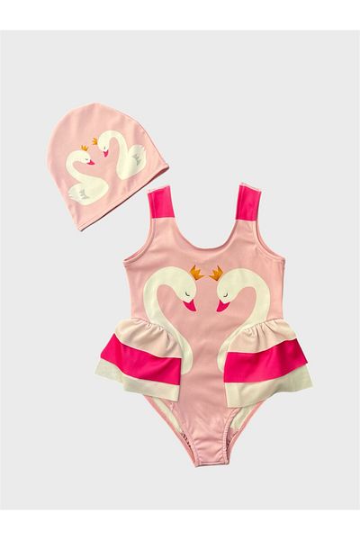 ALİŞ KİDS Girl's Light Pink Swan Patterned Ruffled Bonnet Swimsuit