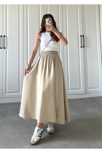 manana fashion Liyosel Υφασμάτινη Μακριά Φούστα με Ελαστική Μέση Πέτρα