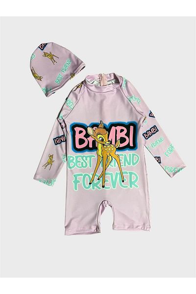 ALİŞ KİDS Girl's Lilac Deer Patterned Long Sleeve Bonnet Protected Swimsuit