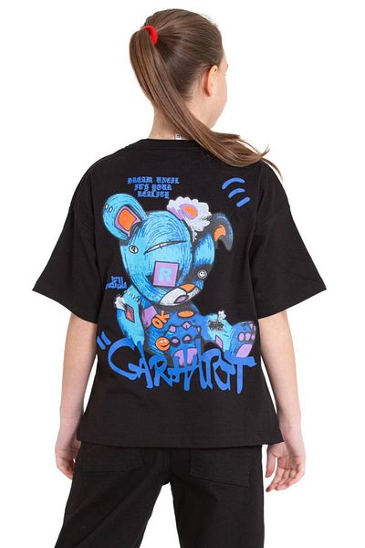 İrem Çocuk Giyim Girl's Oversize Black T-Shirt with Bear Text Pattern on the Front and Back