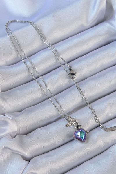 Clariss 316L Steel Chain Silver Color Purple Blue Color Zircon Stone Heart Detail Fairy Necklace