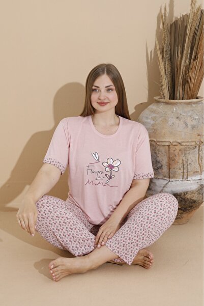 makkash Cotton Plus Size Printed Pink Oversize Bottom Long Women's Pajamas Set