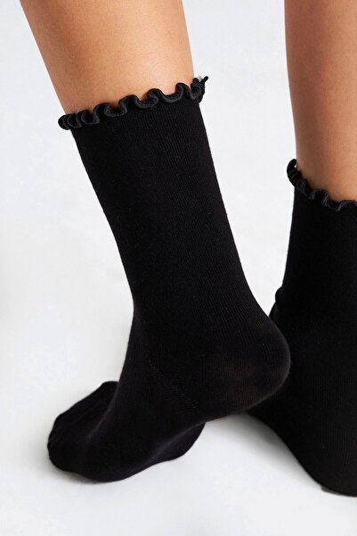 bamboo star Bambu Kadın Siyah Fırfırlı Lastiksiz Dikişsiz Kadın Soket 3lü Siyah Çorap/iz Bırakmaz /sıkmayançorap