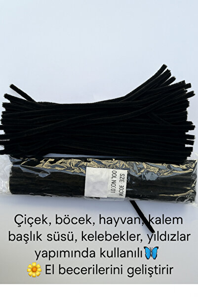 KARAASLAN Tekstil 30 cm Siyah Şönil Tüylü Hobi Çubuğu - 100'lü Paket