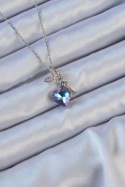 Clariss 316L Steel Chain Silver Color Purple Blue Color Zircon Stone Heart Detail Fairy Necklace