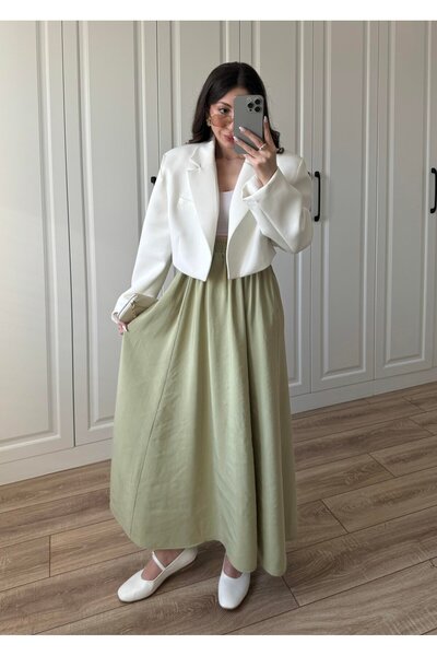 manana fashion Fusta lungă kaki din țesătură Liyosel cu talie elastică