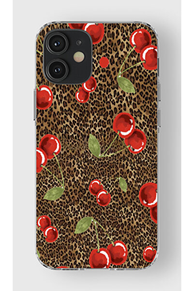 moonset Iphone 12 Mini Uyumlu Leopar ve Kiraz Tasarımlı Baskılı Şeffaf Telefo...