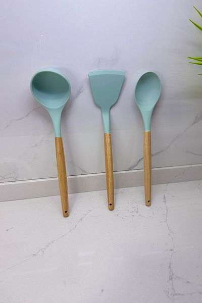 Albergio Wooden Handle Silicone Kitchenware Set – 32 cm Spoon-Ladle-Spatula
