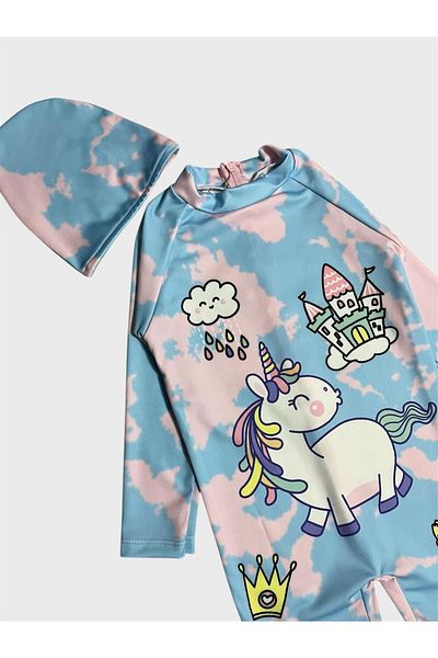 ALİŞ KİDS Costum de baie pentru fete, cu mânecă lungă, cu model, cu unicorn albastru, protejat