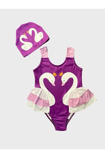 ALİŞ KİDS Girl's Purple Swan Patterned Ruffled Bonnet Swimsuit