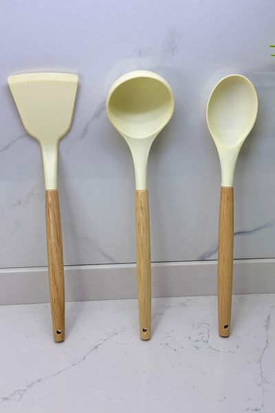 Albergio Wooden Handle Silicone Kitchenware Set – 32 cm Spoon-Ladle-Spatula