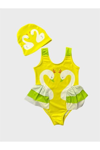 ALİŞ KİDS Girl's Yellow Swan Pattern Ruffled Bonneted Tightly Woven Quick Dry Stretchy Swimsuit