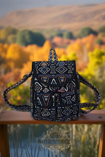mdhomecarpet Rucsac de damă Kilim Carpă realizat manual 30x40 cm |   Geantă din țesătură cu model Şark Corner Calitate autentică