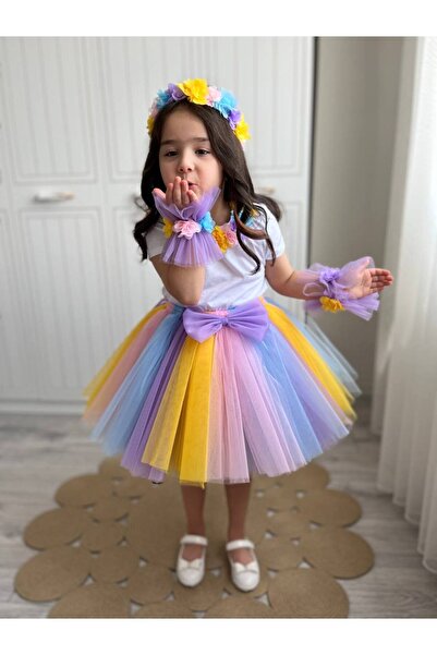 sarena Doğum Günü Parti Seti Kız Çocuk Çiçekli Tütü Etek, Bileklik, Taç, T-Shirt