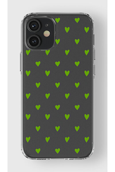 moonset Iphone 12 Mini Uyumlu Yeşil Kalpler Tasarımlı Baskılı Şeffaf Telefon ...