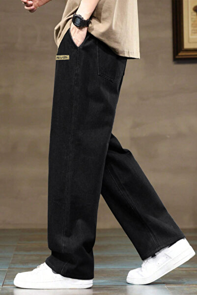 THE RULE Men's Black Baggy Elastic Waist Lycra Straight Leg Loose Cut Casual Denim Jean Pants Rf0480