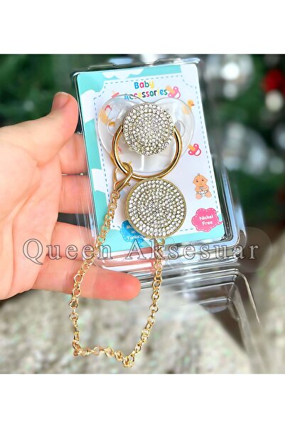 QUEEN AKSESUAR Lüks sade kristal Taşlı tasarım bebek Emzik Zincir Altın şeffa...