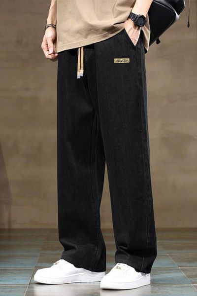 THE RULE Men's Black Baggy Elastic Waist Lycra Straight Leg Loose Cut Casual Denim Jean Pants Rf0480