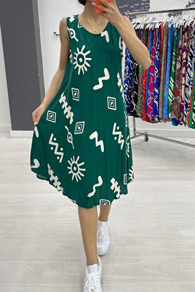 AYASOFYA OTANTIK Rochie midi fără mâneci cu model verde petrol pentru femei