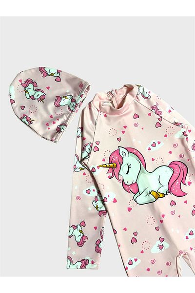 ALİŞ KİDS Girl's Pink Unicorn Patterned Long Sleeve Boned Protected Swimsuit
