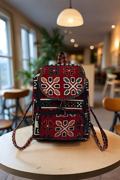 mdhomecarpet Rucsac de damă Kilim Carpă realizat manual 30x40 cm |   Geantă din țesătură cu model Şark Corner Calitate autentică