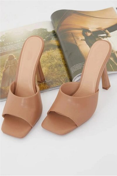 TrendyAnka Women's Nude Skin Beige 8cm Heeled Blunt Square Toe Stiletto Shoes Slippers