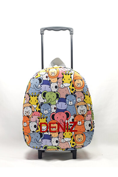 migie Kişiye Özel İsimli Çekçekli Çanta Anaokulu/Kreş Çantası Colorful Animals 2-6 Yaş