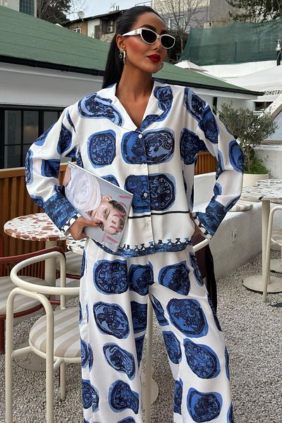 Julidress Patterned Shirt Pants Bottom Top Premium Satin Set