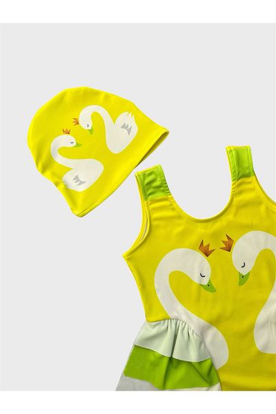ALİŞ KİDS Girl's Yellow Swan Pattern Ruffled Bonneted Tightly Woven Quick Dry Stretchy Swimsuit