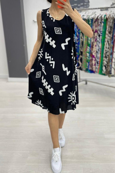 AYASOFYA OTANTIK Γυναικείο μαύρο μοτίβο αμάνικο μίντι φόρεμα