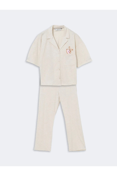 LC Waikiki LCW Young Bej Gömlek Yaka Ayı Teddy Baskılı Kadın Pijama Takımı