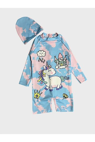 ALİŞ KİDS Costum de baie pentru fete, cu mânecă lungă, cu model, cu unicorn albastru, protejat