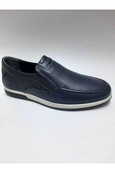 Adnan Bozkaya Genuine Leather Daily Summer Navy Blue Laceless Men's Shoes