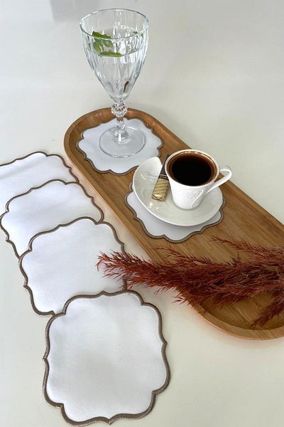 Zeria Home Embroidered Coffee Side Presentation Napkin 6 Pieces Cocktail Napkin & Coaster & Presentation Holder