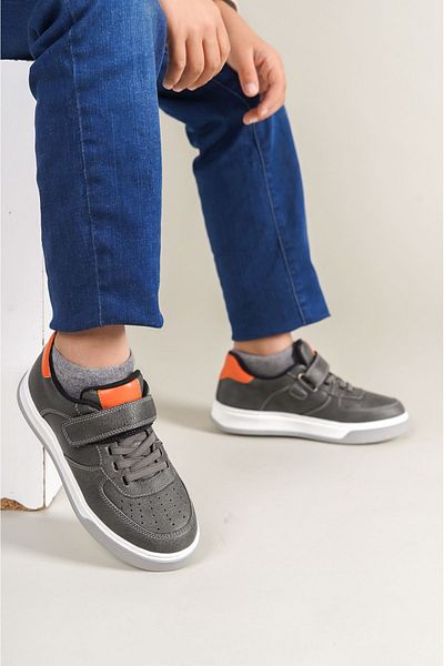 pabucmarketi Boys' Casual Shoes with Velcro Lacing Detail Gray Orange