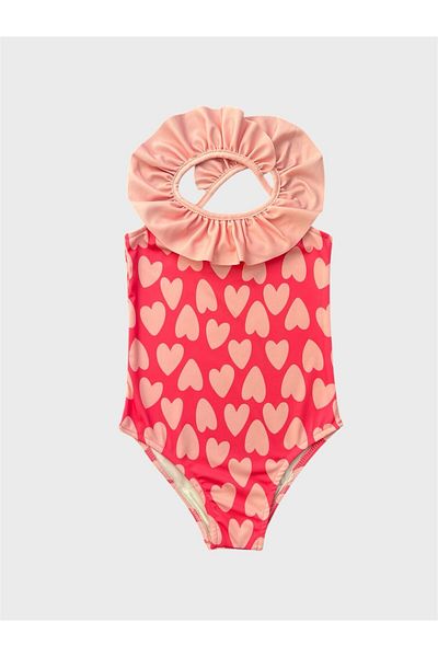 ALİŞ KİDS Girl's Pink Heart Patterned Ruffled Cross Strap Swimsuit