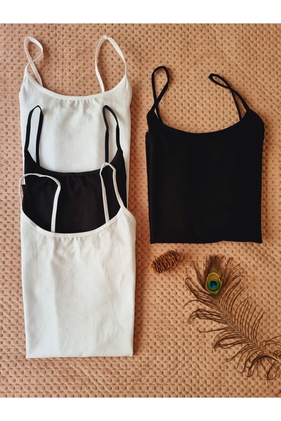 Demirsa Boutique Women's Rope Strap Lycra 2 Pieces Black - 2 Pieces White Combed Cotton Undershirt