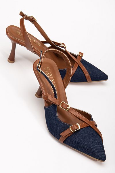 Von Bond Noira Navy Blue Denim Denim Brown Pointed Toe Buckle Open Back Thin Heeled Shoes