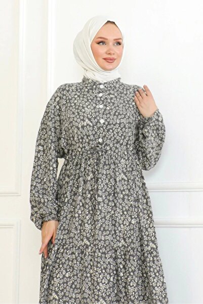 Neva Style Daisy Patterned Viscose Dress - Gray