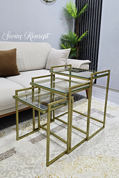 Genel Markalar 3'lü Gold Rana Sehpa, Şeffaf Camlı, Çok Amaçlı Zigon Sehpa, Yan Sehpa, Orta Sehpa, Metal Sehpa