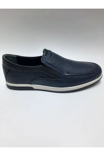 Adnan Bozkaya Genuine Leather Daily Summer Navy Blue Laceless Men's Shoes