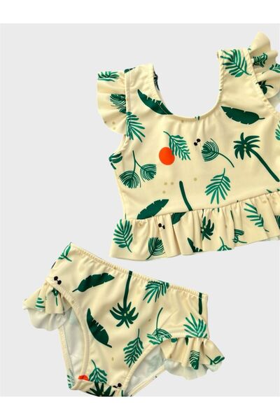 ALİŞ KİDS Girl's Cream Color Leaf Palm Patterned Half Length Bikini Set with Ruffled Sleeves