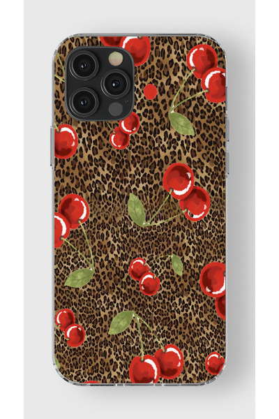 moonset Iphone 12 Pro Max Uyumlu Leopar ve Kiraz Tasarımlı Baskılı Şeffaf Tel...