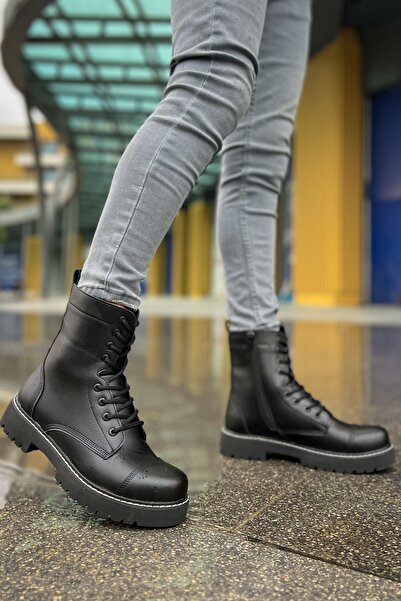 pabucmarketi Zippered Lace Detailed Men's Worker Boots Black