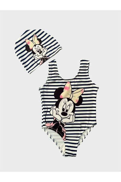 ALİŞ KİDS Girl's White Navy Blue Stripe Patterned Bonnet Swimsuit