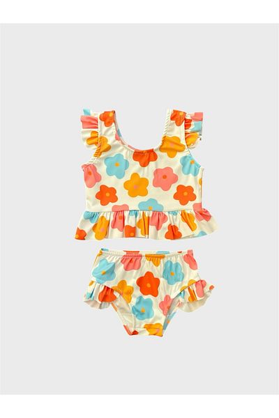 ALİŞ KİDS Girl's White Orange Floral Patterned Half Length Bikini Set with Ruffled Sleeves