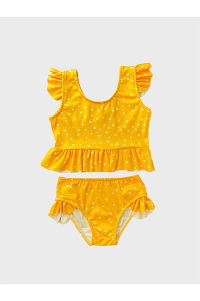 ALİŞ KİDS Girl's Yellow Polka Dot Patterned Half Length Bikini Set with Ruffled Sleeves
