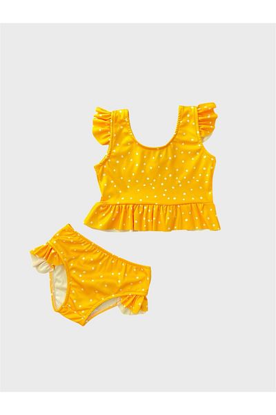 ALİŞ KİDS Girl's Yellow Polka Dot Patterned Half Length Bikini Set with Ruffled Sleeves