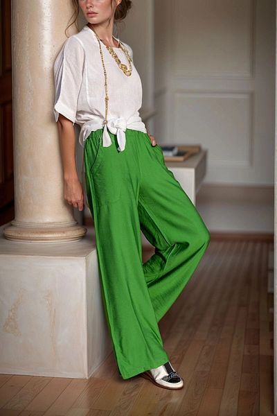 bacc Women's Green Linen Elastic Waist Loose Trousers Bcbsk-25700-2933