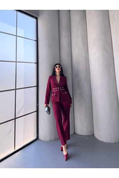 Bella Breeze Kadın Zımba Kemer Detaylı Çıtçıtlı Cekete Palazzo Pantolon Şık Takım Elbise